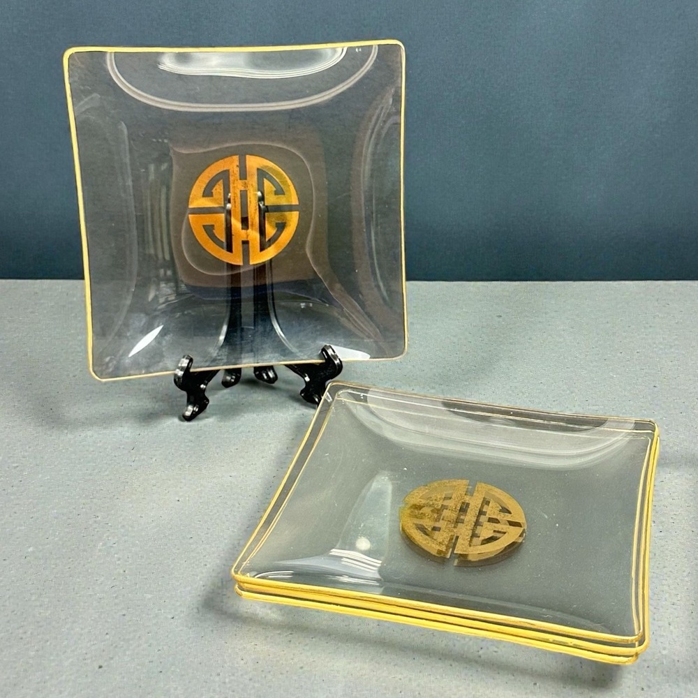 Chinese Longevity Dessert Plate SET OF 4 Prosperity Clear Glass Gold 5" Square